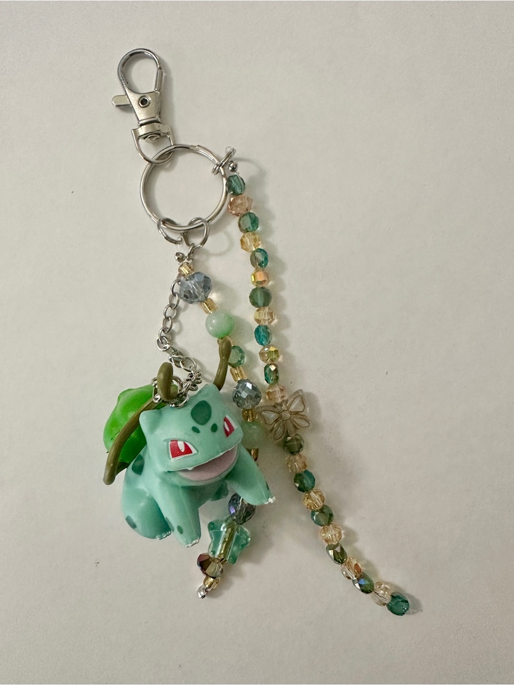 Pokemon Green Bulbasaur Keychain Charm with Beaded Accent